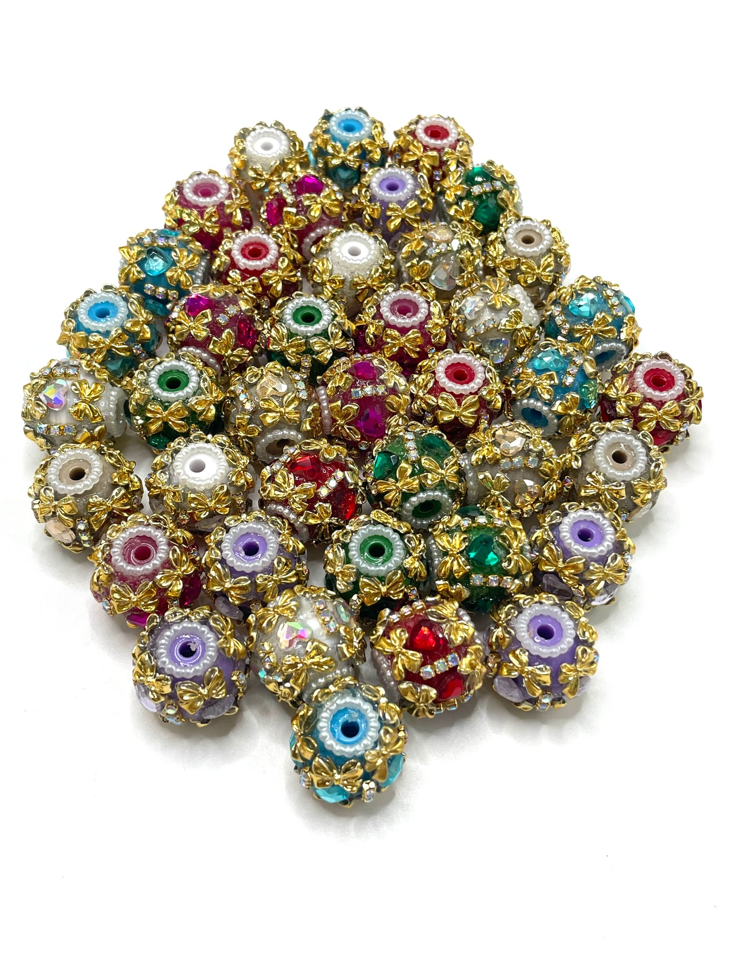 Beaded beadable Fancy Beads Golden bow beads ornaments with heart shaped stone Golden Rhinestone Chain Colorful Glass Heart Clay beads 18mm Random Mix