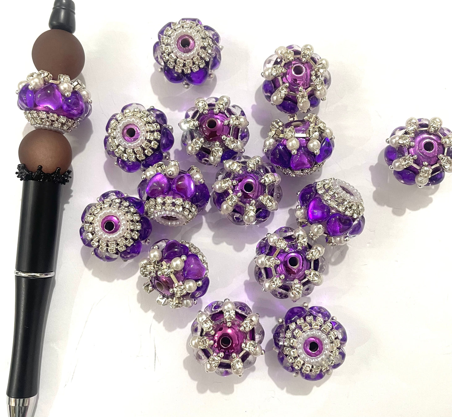 fancy bead acrylic uv base bead ornaments with pearl and colorful stone rhinestone chain diy bead random mix