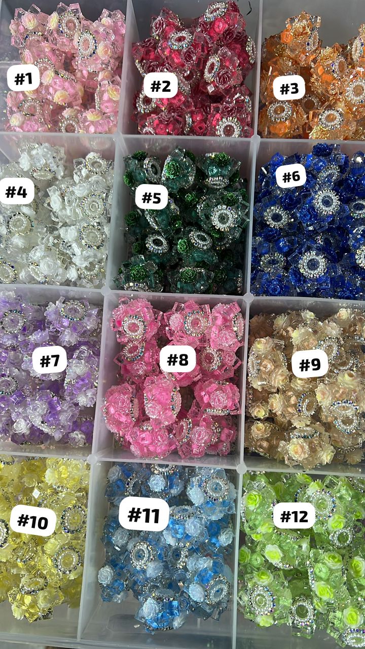 beaded beadable fancy flower crystal bead ornaments with rhinestone chain and pearl ,clear base bead ,random mix color