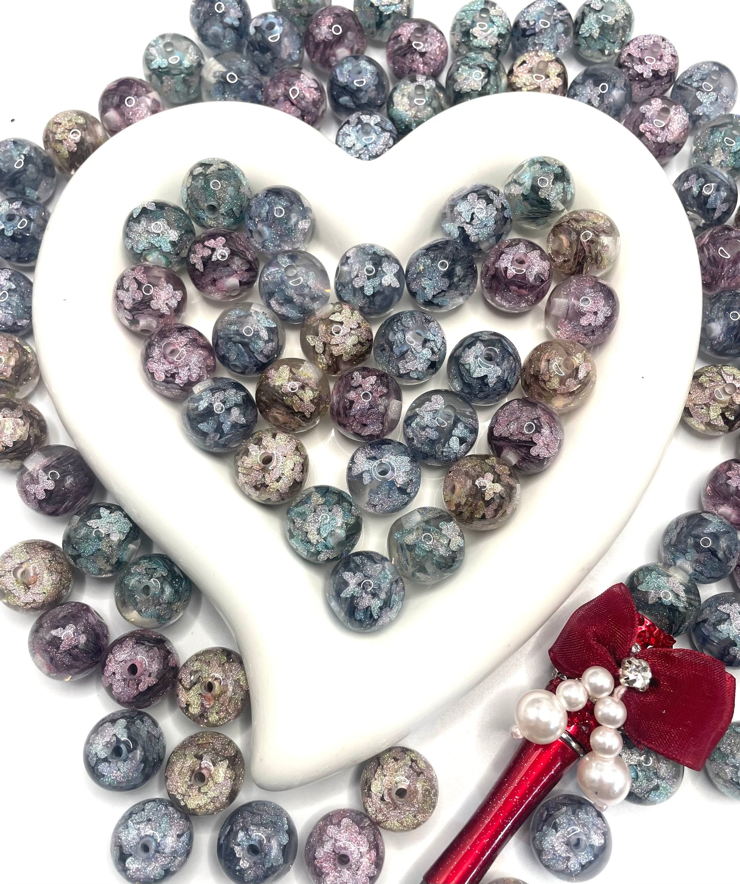 diy acrylic beads has glitter butterflies inside,colored ,random mix 16mm