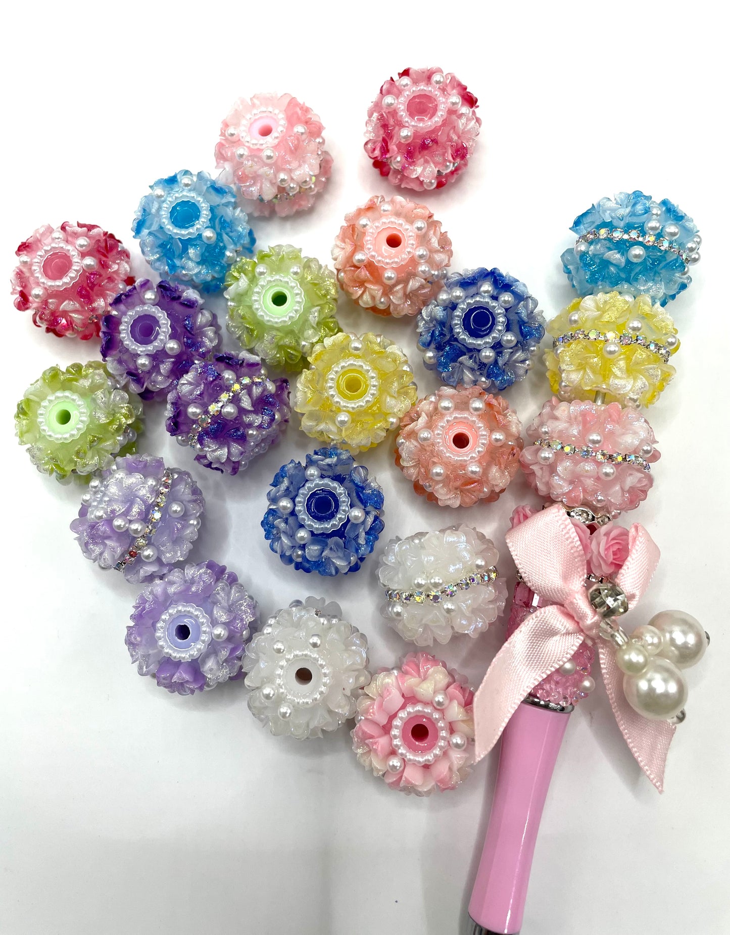 Flowe bead acrylic flower bead ornaments with pearl UV glitter on leaves rhiestone chain diy bead beadable bead random mix color