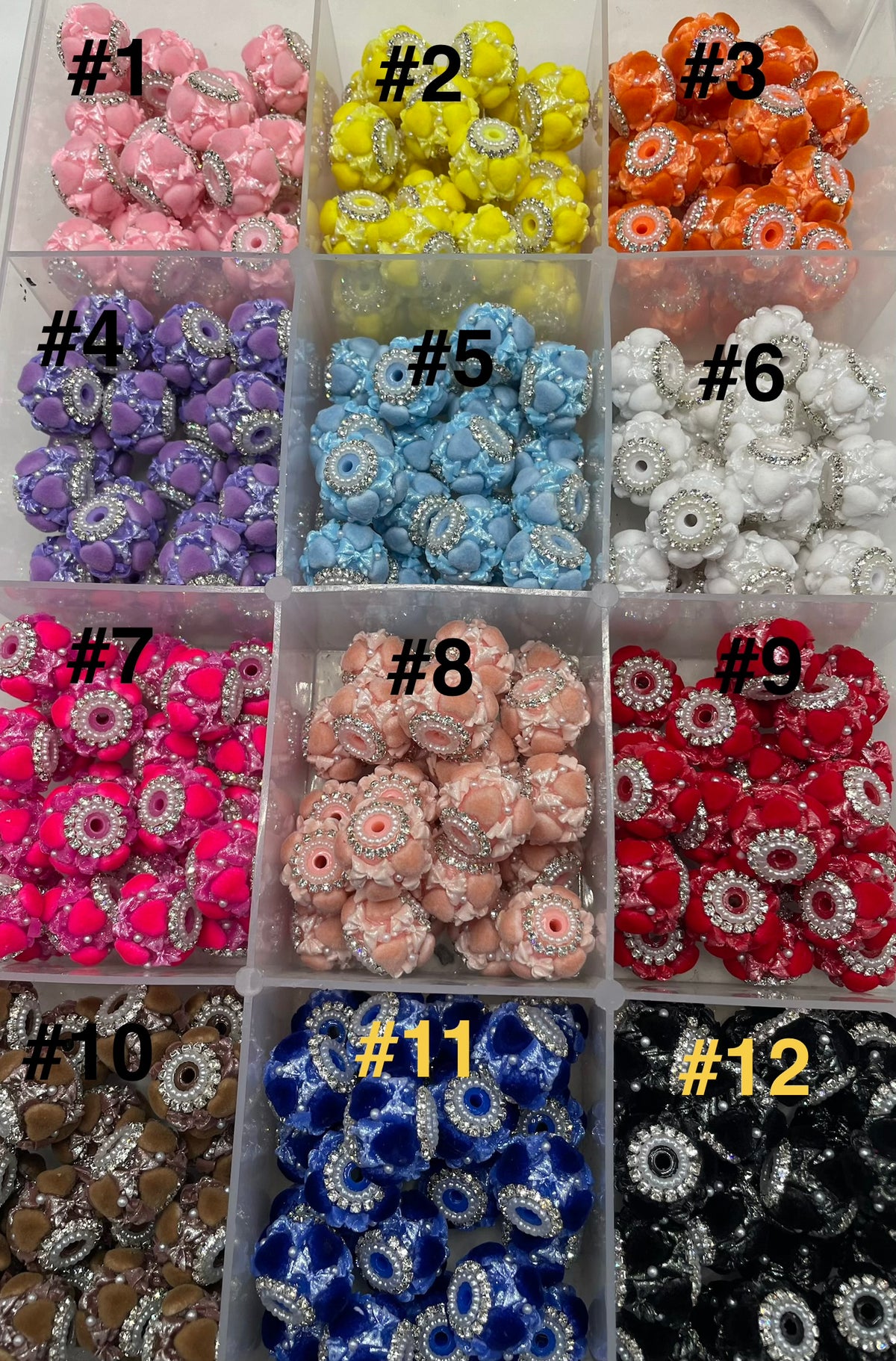 diy beaded beadable fancy beads fuzzy flocked ornaments with acrylic bow and pearl and rhinestone chain