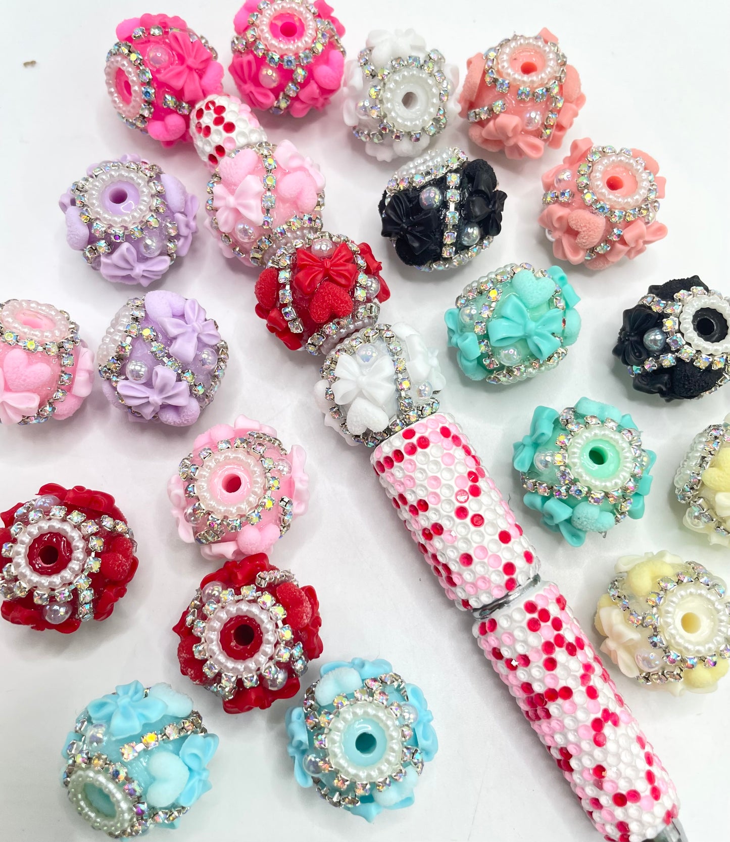 diy beaded beadable fancy bow and fuzzy heart bead with rhinestone chain and pearl ,random mix
