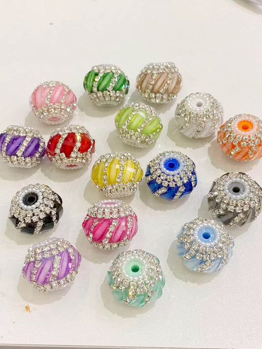 Beaded beadable twill style fancy lantern beads ornaments with pearl and silver color rhinestone chain ,random mix