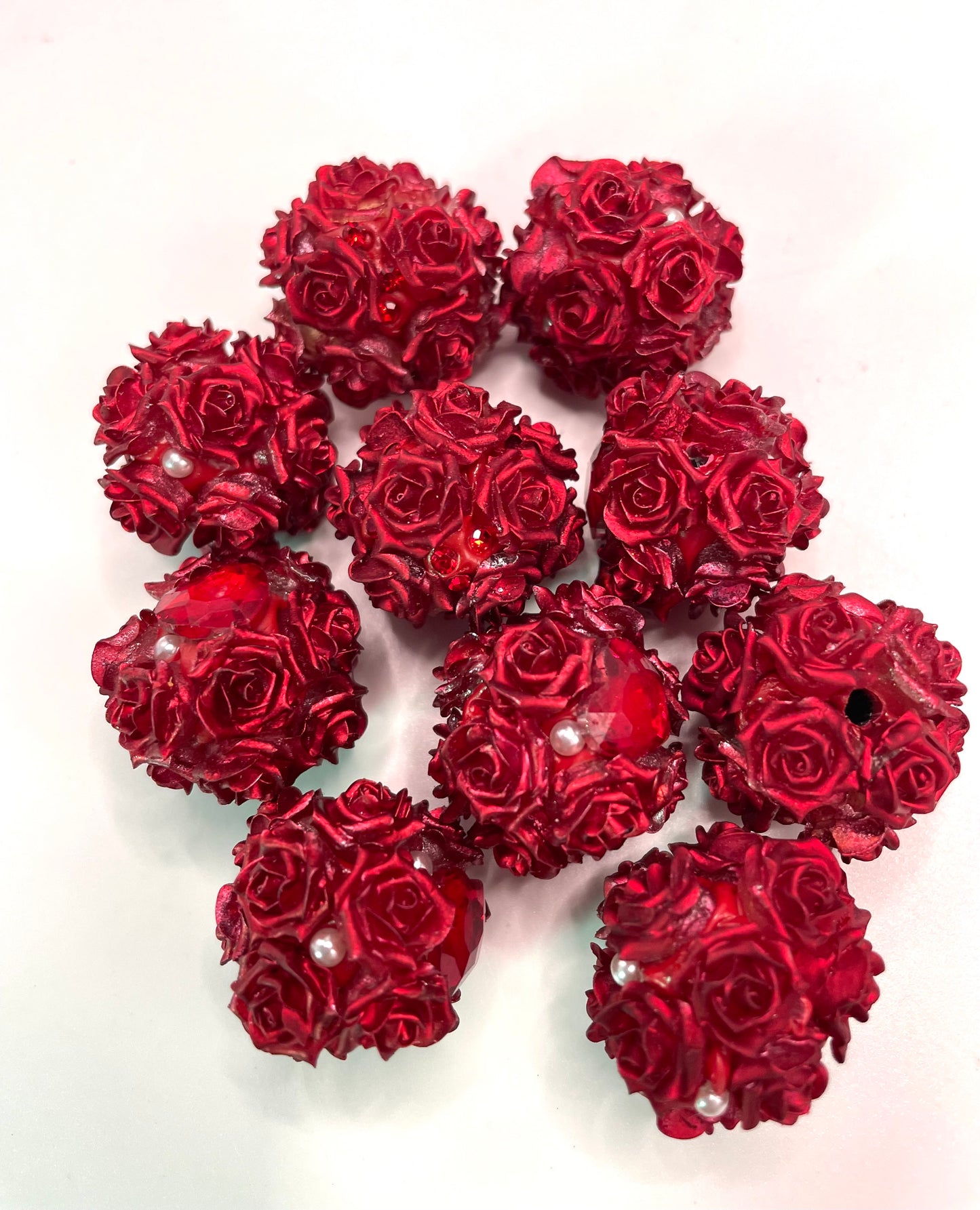metallic looking rose flower beads ornaments with rhinestone,colored ,random mix,christmas vibe color