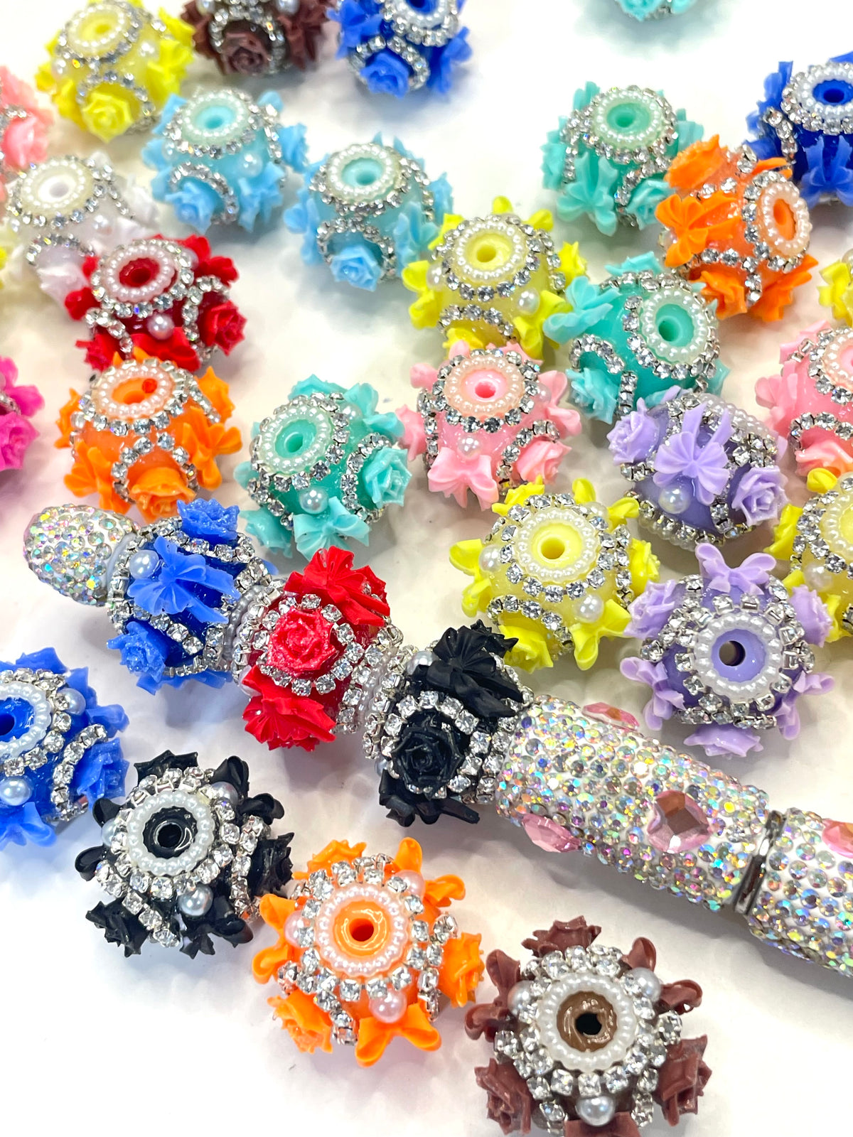 diy beaded beadable beady fancy bow beads ornaments with rose flower and rhinestone chain and pearl ,random mix