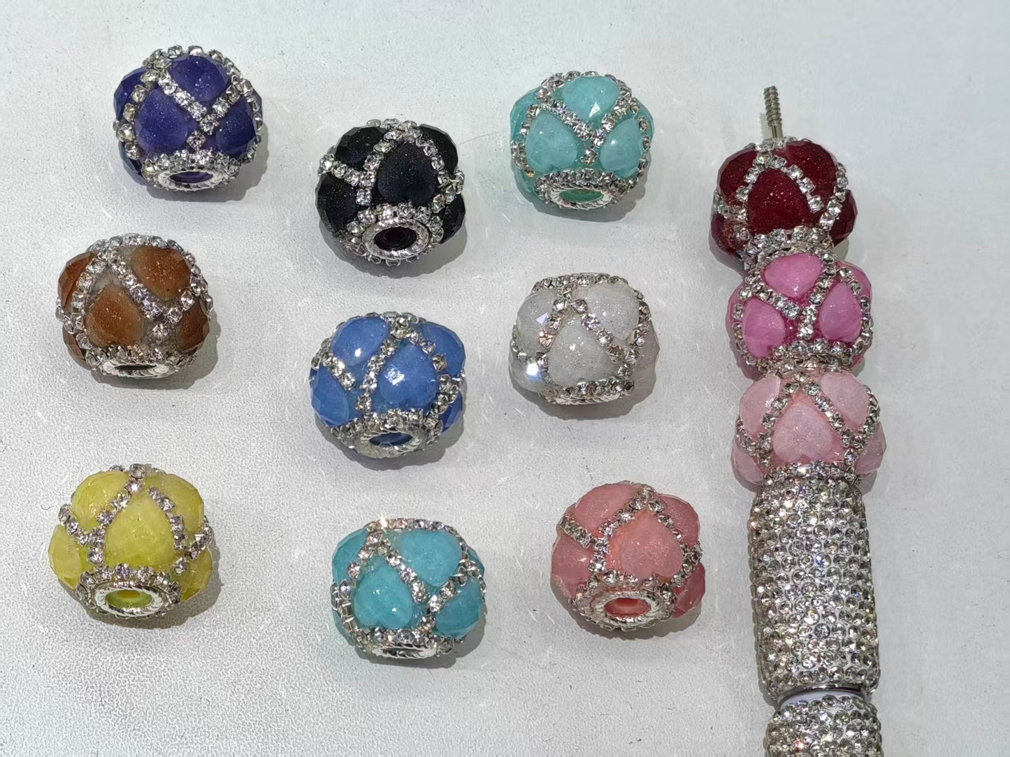 glitter heart bead with silver rhinestone chain fancy beads