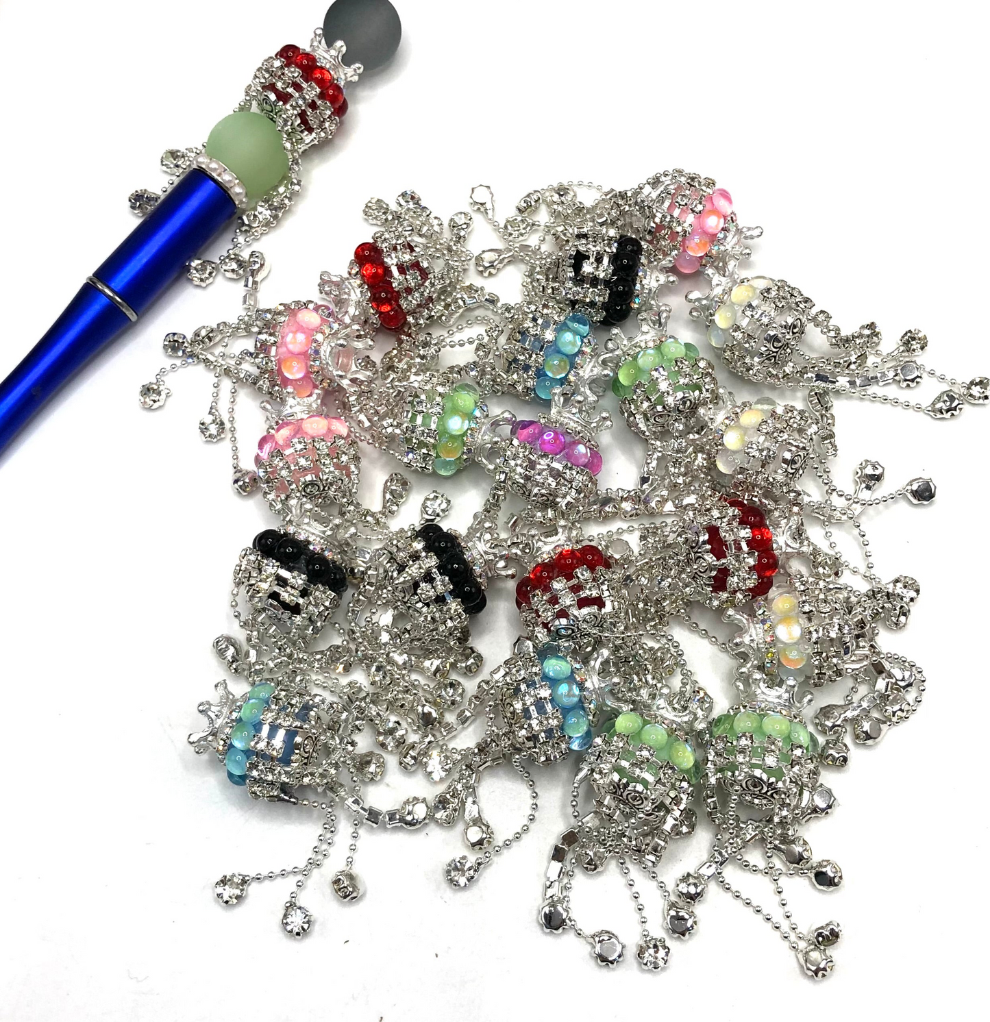 fancy bead ornaments with crown and buble dot and rhinestone chain dangling random mix color 19mm