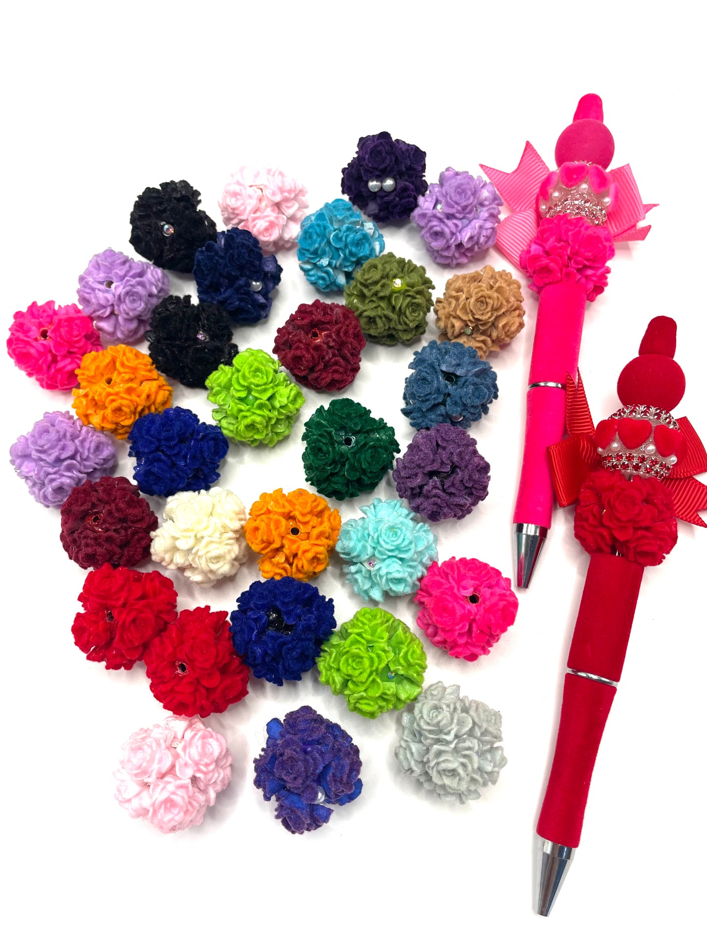 beaded beadable fancy fuzzy flocked soft rose flower beads random mix colored