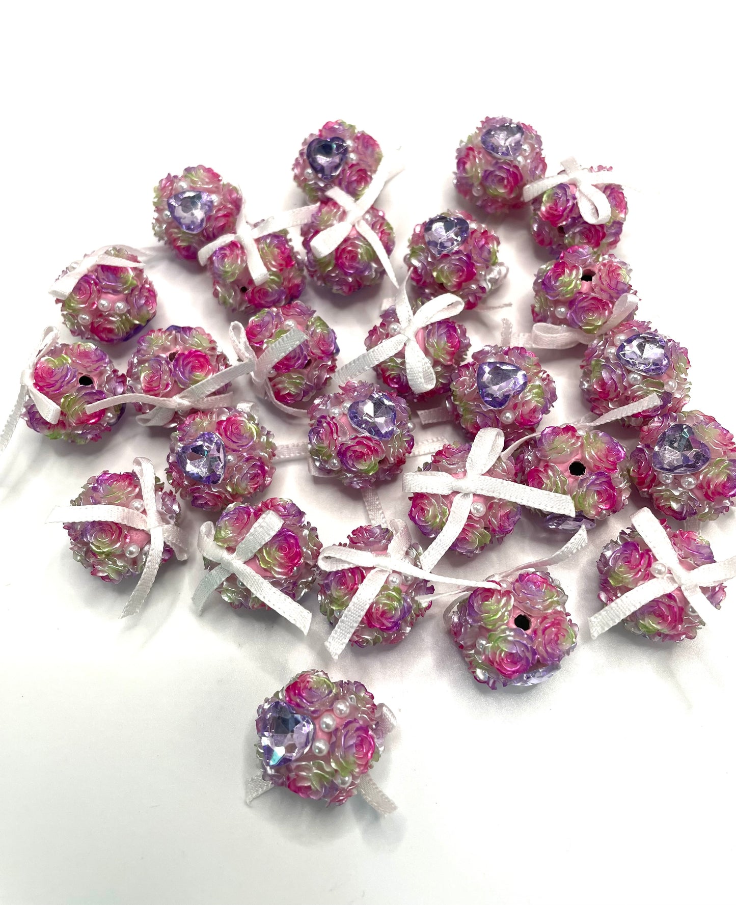 diy bow flower beads ornament with heart shape stone ,colored,random mix