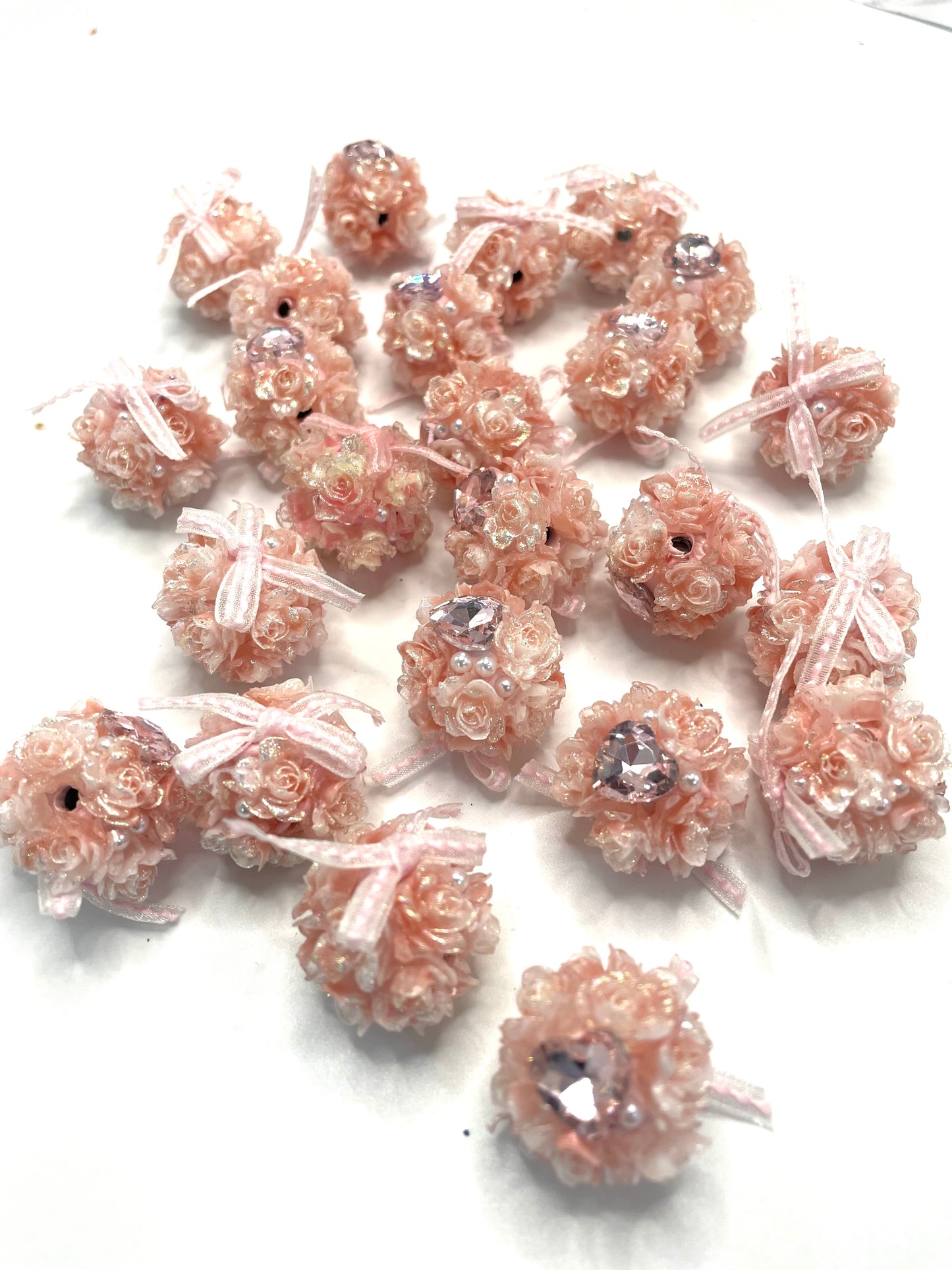 diy bow flower beads ornament with heart shape stone ,colored,random mix