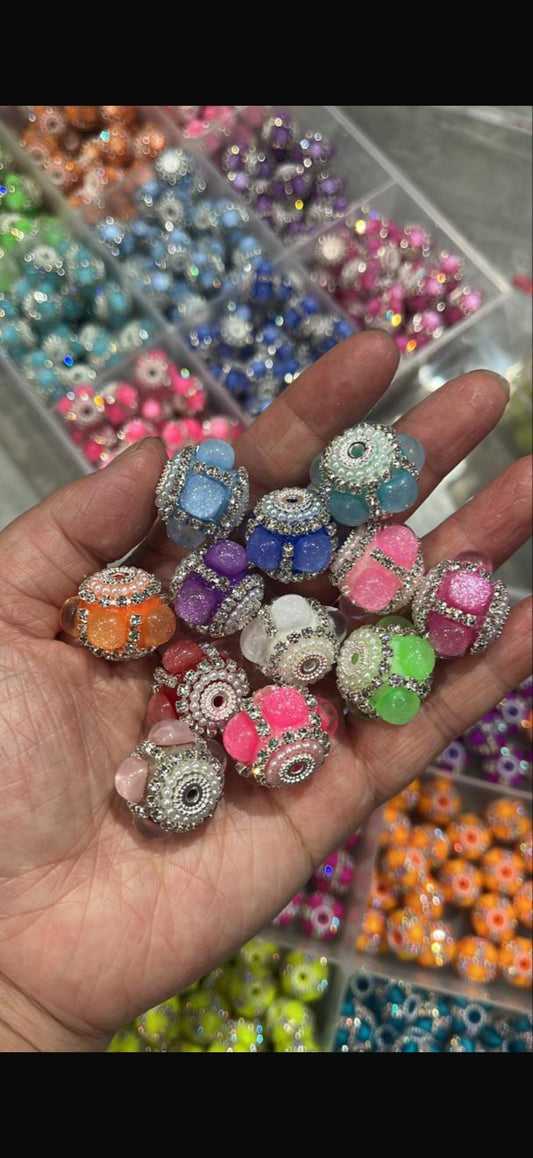 Beaded beadable fancy glitter bubble beads with silver color rhinestones and pearl random mix color