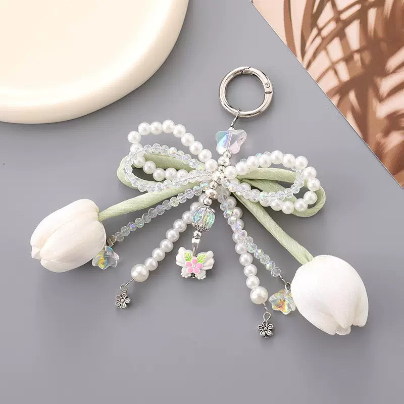 phone charm keychain tulip phone charm with bow double layer bow