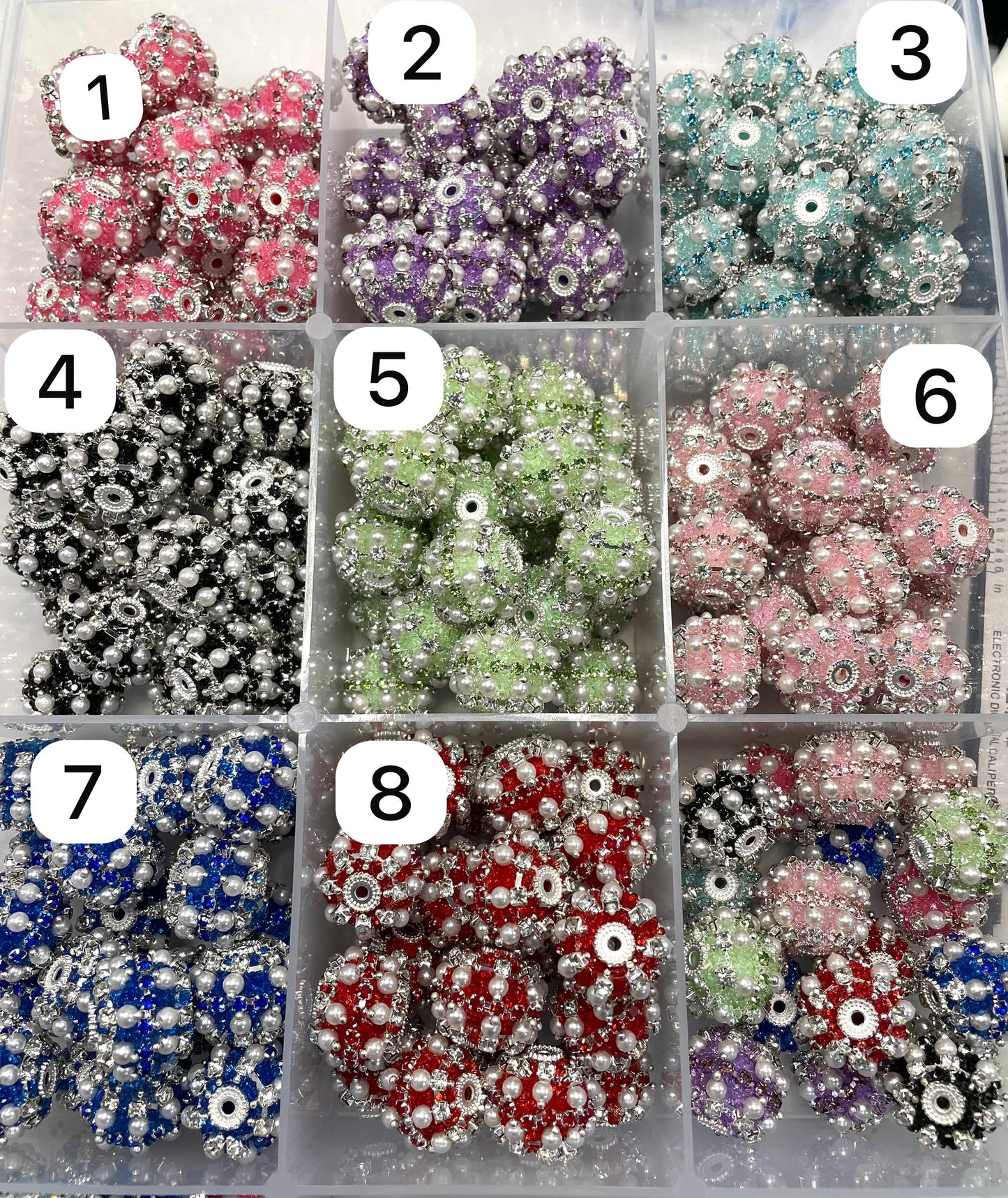fancy bead ornaments with sugar powder and pearl and rhinestone chain ,colored ,random mix