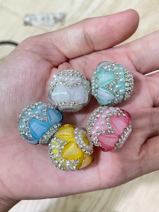 Beaded beadable fancy lantern heart beads ornaments with rhinestone silver color or gold color chain and pearl ,random mix