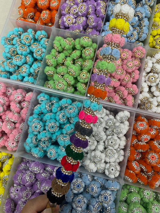 Beaded beadable fancy flower beads Beaded fuzzy flocked rose flower beads with silver rhinestone chain ,colored,random mix