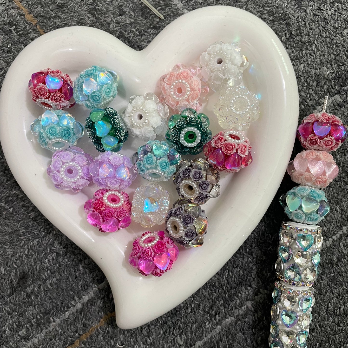 rose flower beads crystal heart fancy beads rhinestone heart flower bead
