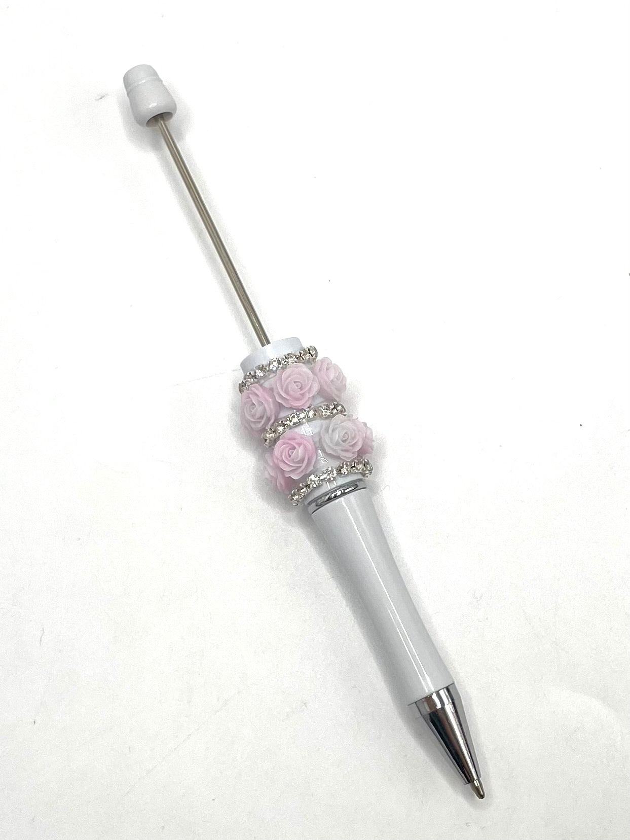 Double Multicolour Rose Flower and Rhinestones Chain Beadable Pen Series