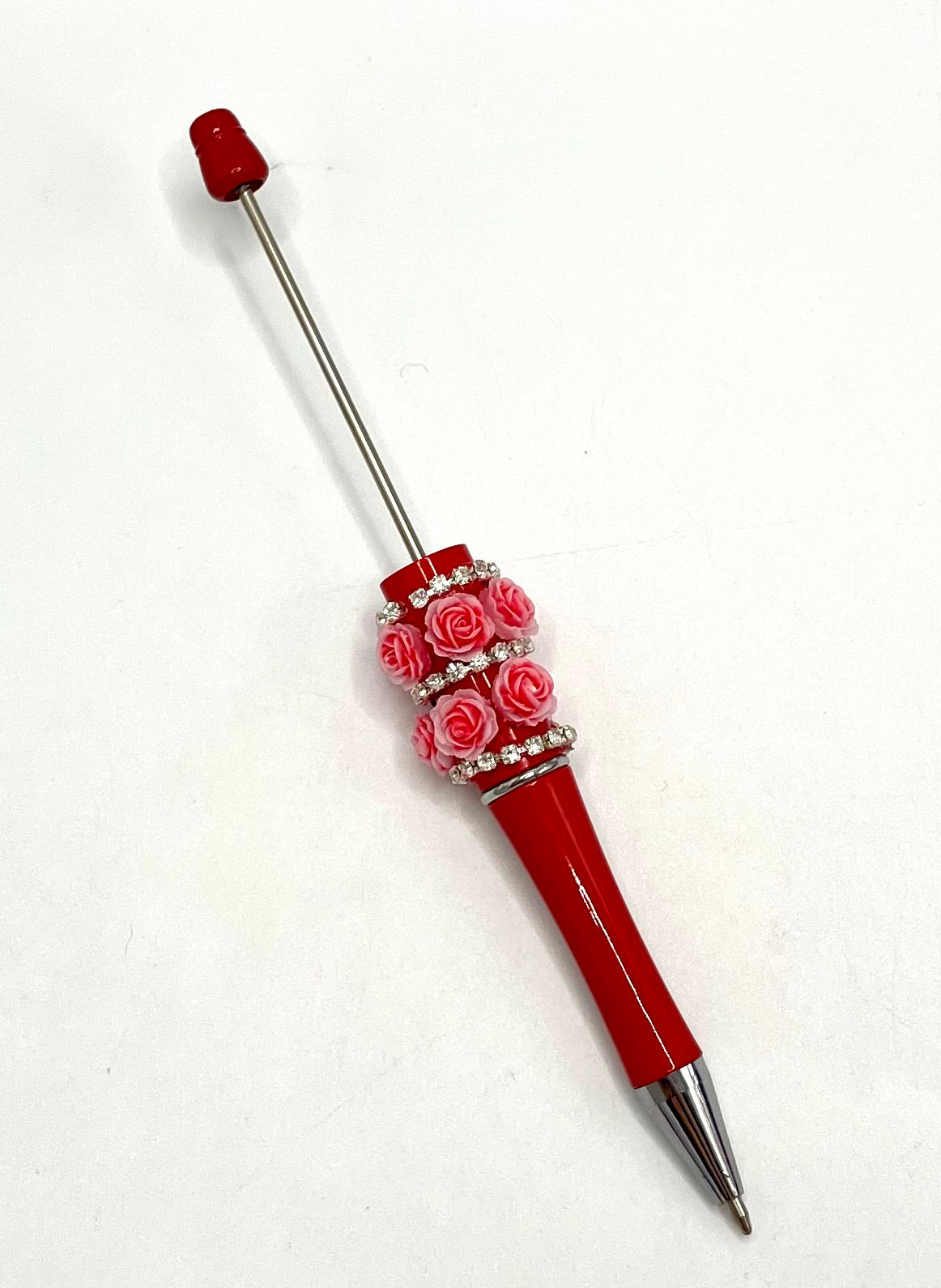 Double Multicolour Rose Flower and Rhinestones Chain Beadable Pen Series