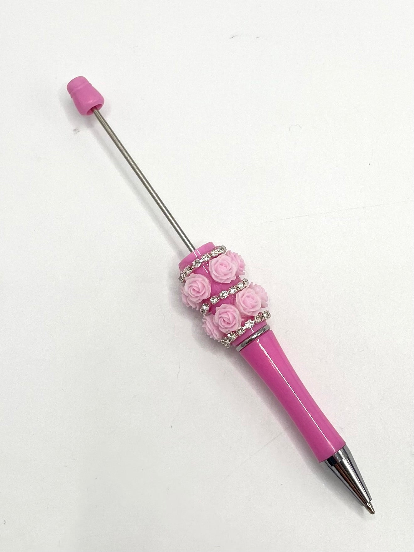 Double Multicolour Rose Flower and Rhinestones Chain Beadable Pen Series