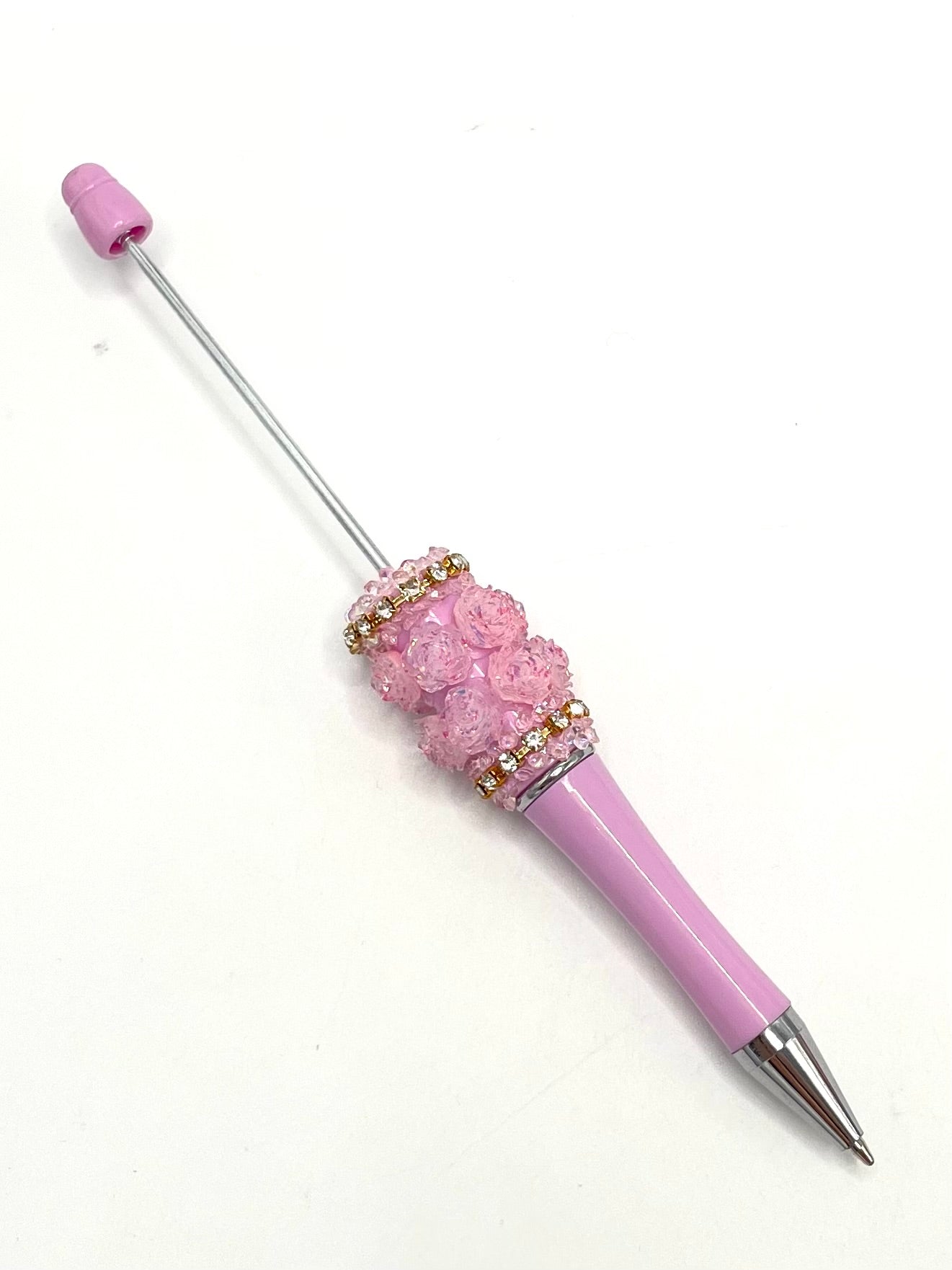 Double Multicolour Rose Flower and Rhinestones Chain Beadable Pen Series