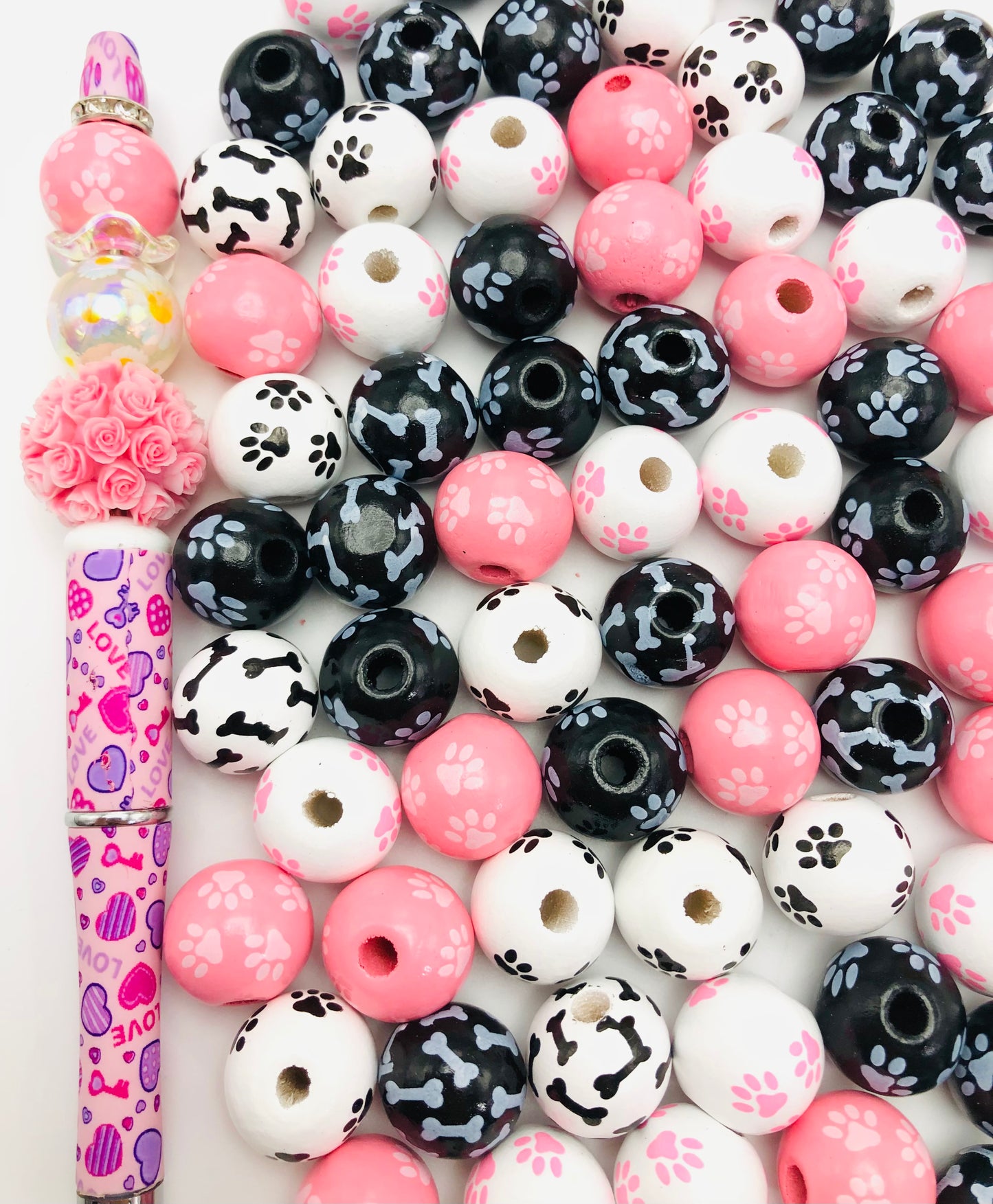Wooden bead Multicolored paw print bone Painted wood beads Random Mix 16mm
