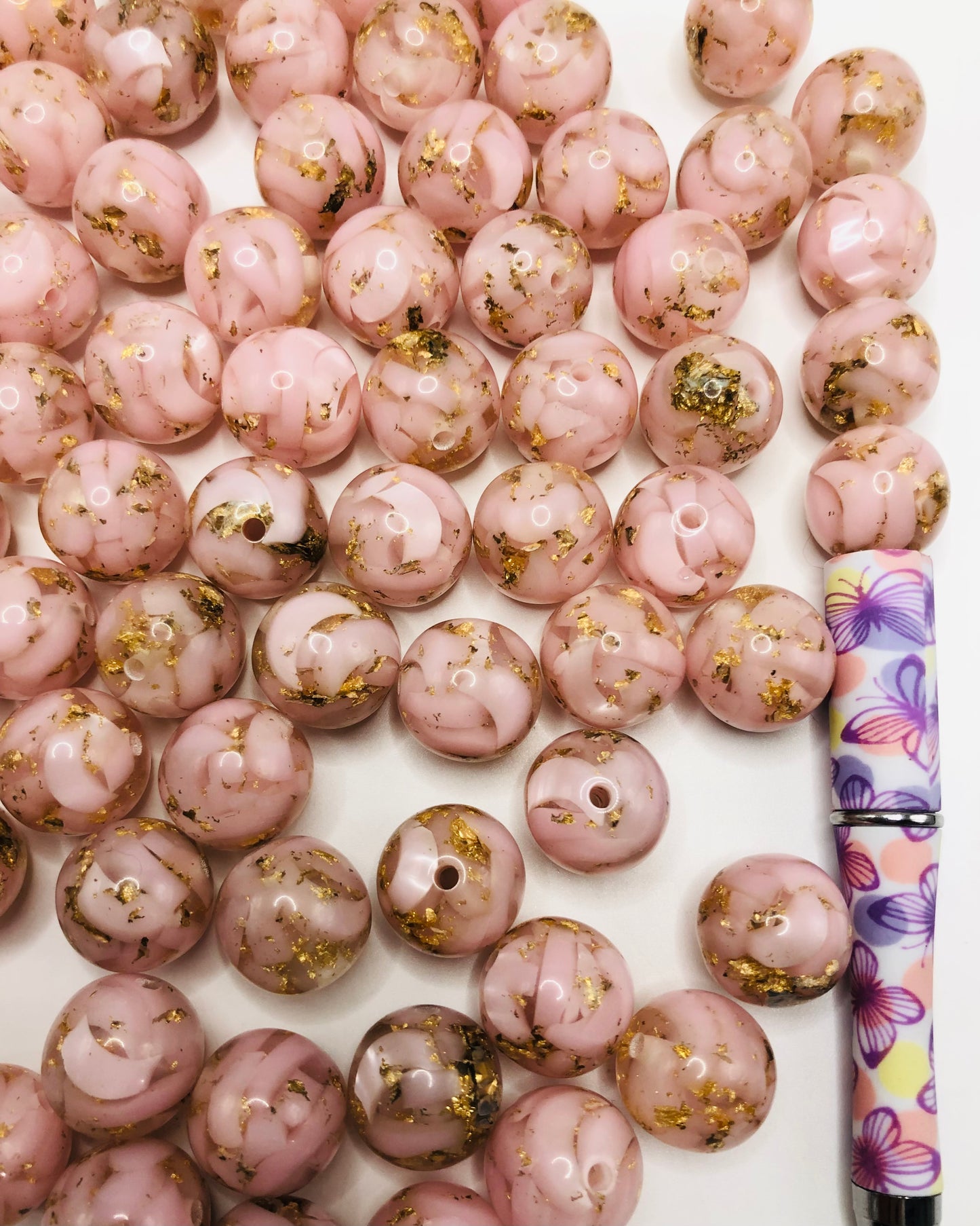 acrylic pink Moon Gold foil marble look Bead 16mm Random Mix