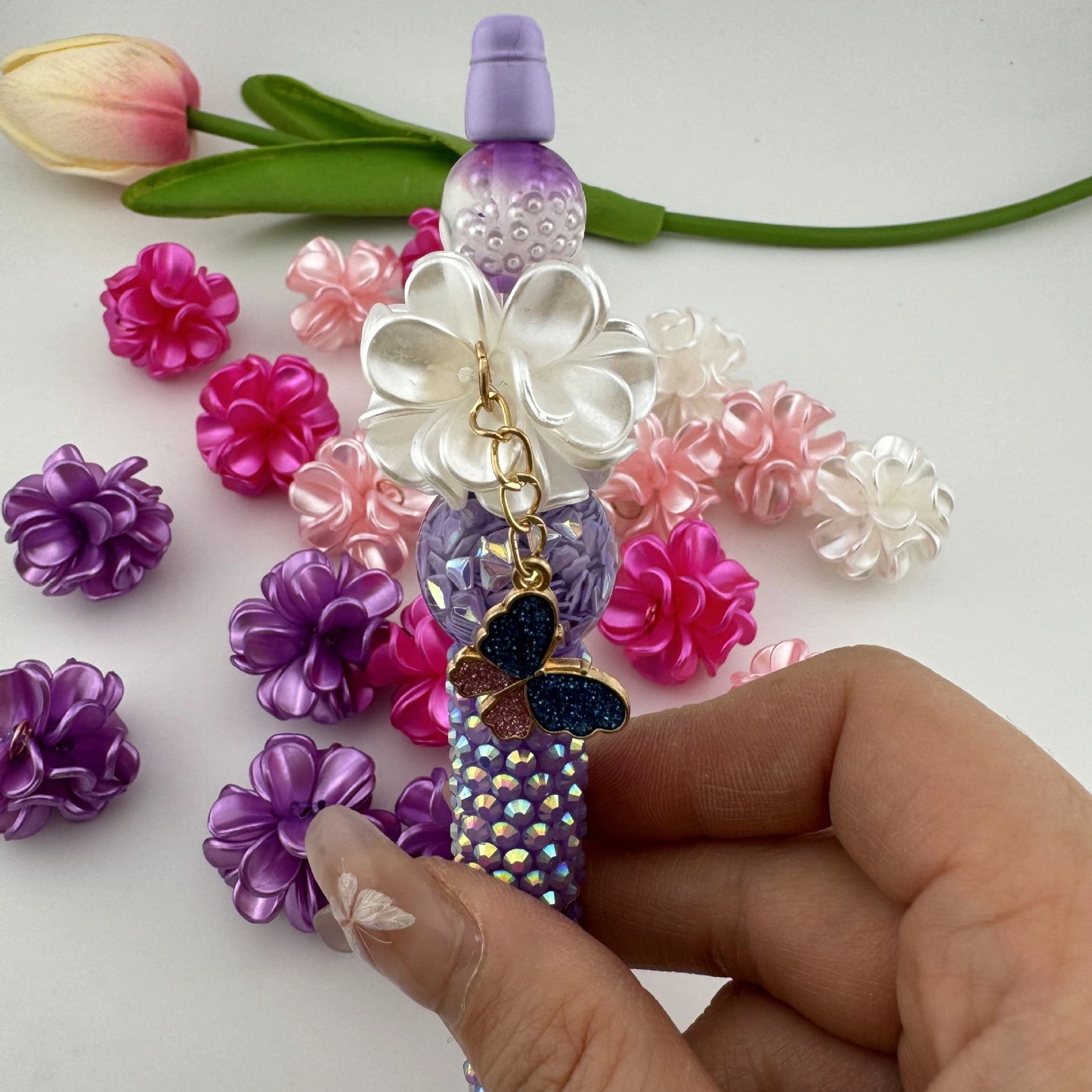Three-dimensional flower UV Resin bead with hook loop attach to charm ,Random Mix 25mm