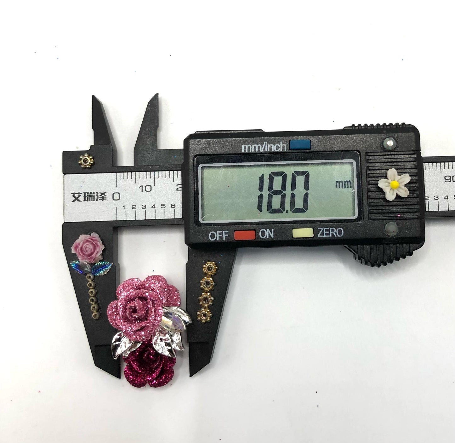 alloy metallic fancy rose flower with the glitter on petal fancy beads ,colored