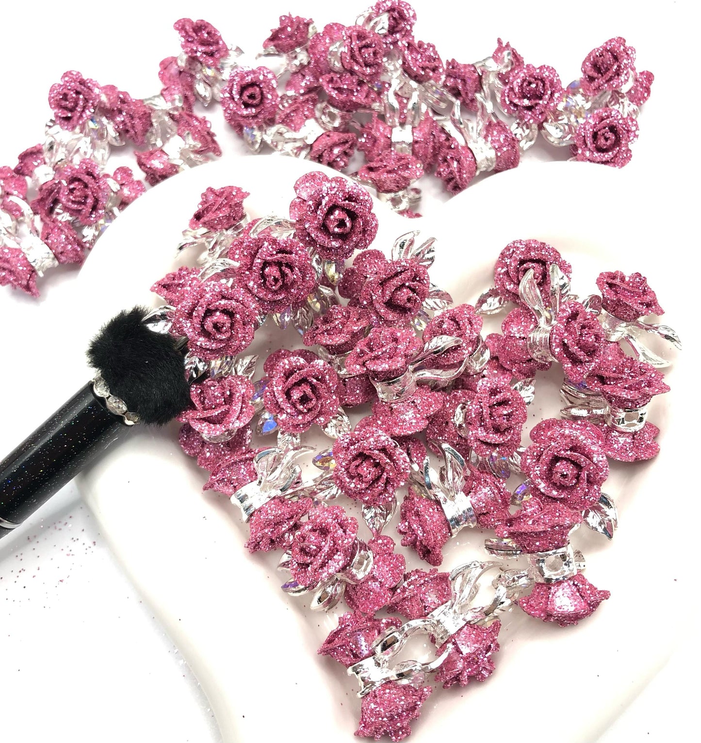 alloy metallic fancy rose flower with the glitter on petal fancy beads ,colored