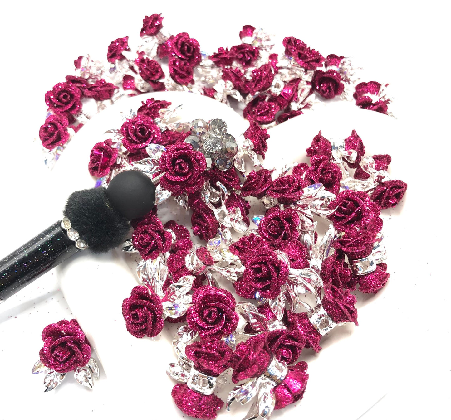 alloy metallic fancy rose flower with the glitter on petal fancy beads ,colored