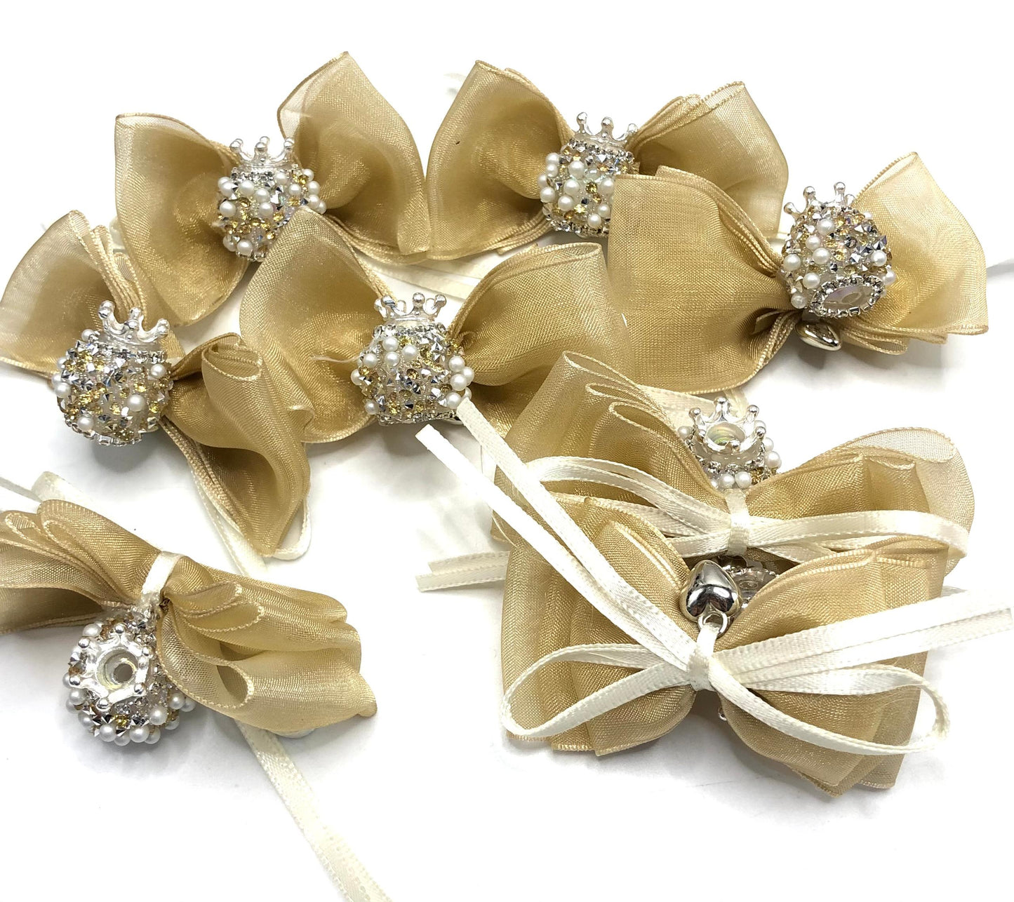 fancy bead craft with crown organza bow satin ribbon knot,ornament with pearl and sugar stone, delicate handcraft ,randon mix color