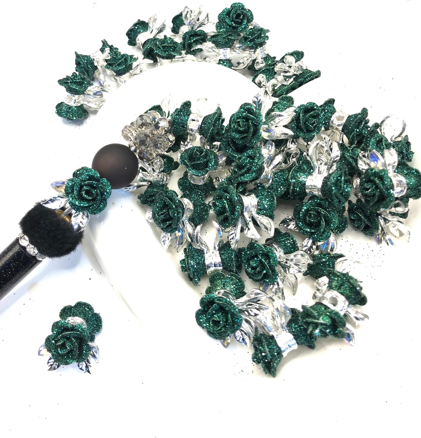 alloy metallic fancy rose flower with the glitter on petal fancy beads ,colored