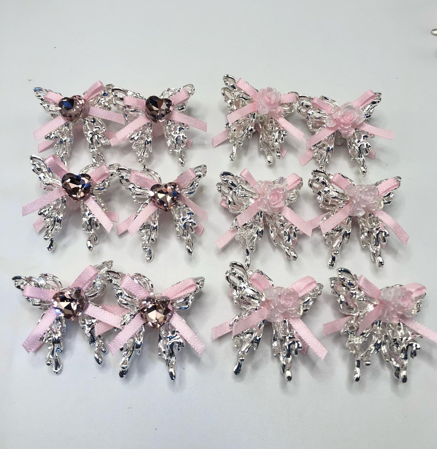 alloy metal fancy butterfly ornament with heart stone and rose flower and riband colored random mix
