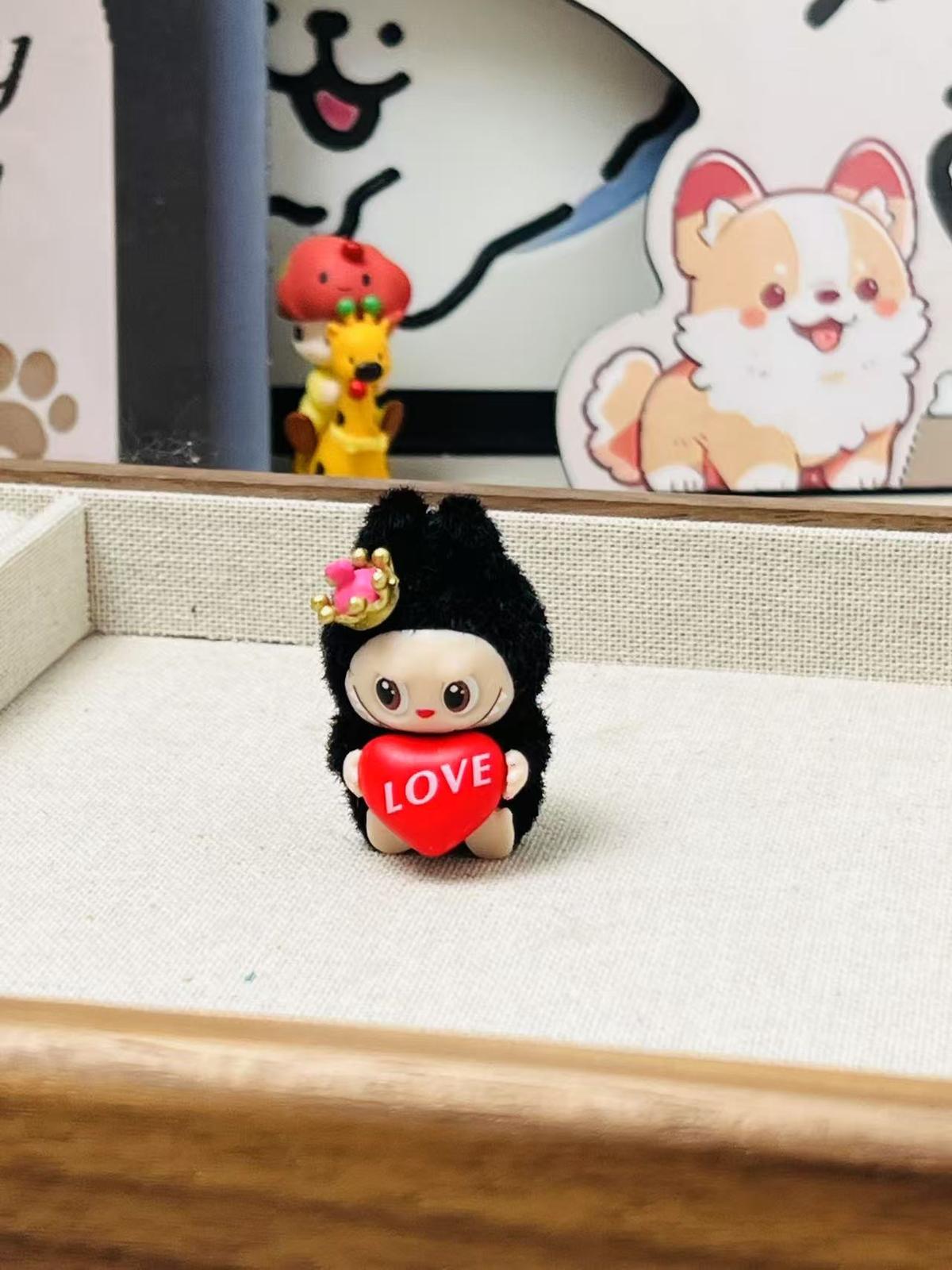topper character figure fuzzy flocked labubu with holding a heart labubu color