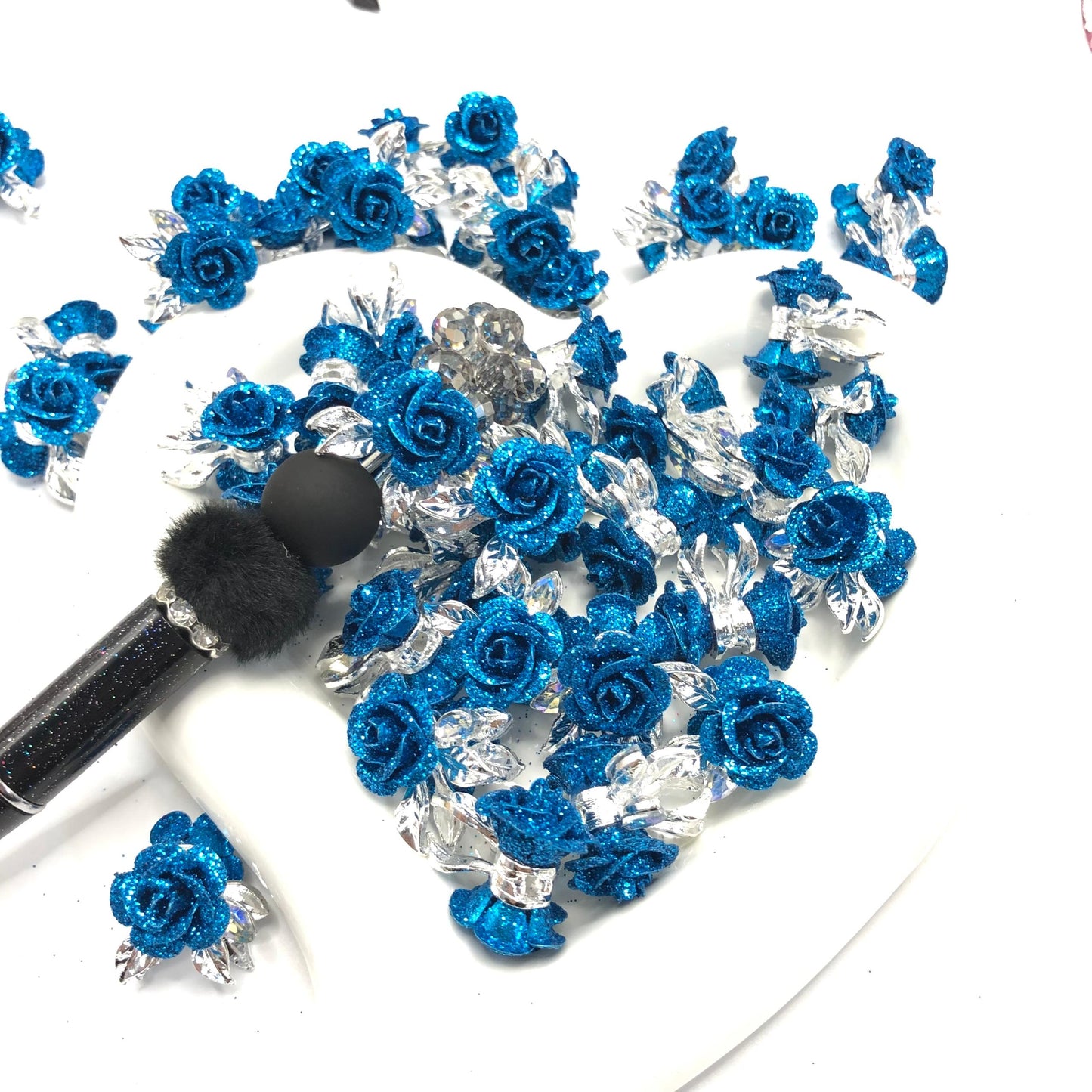 alloy metallic fancy rose flower with the glitter on petal fancy beads ,colored