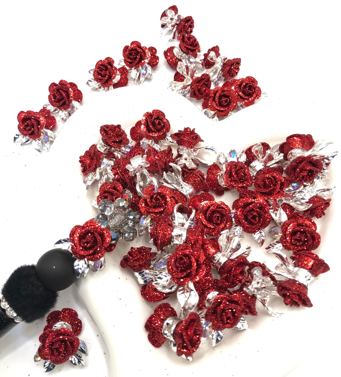 alloy metallic fancy rose flower with the glitter on petal fancy beads ,colored