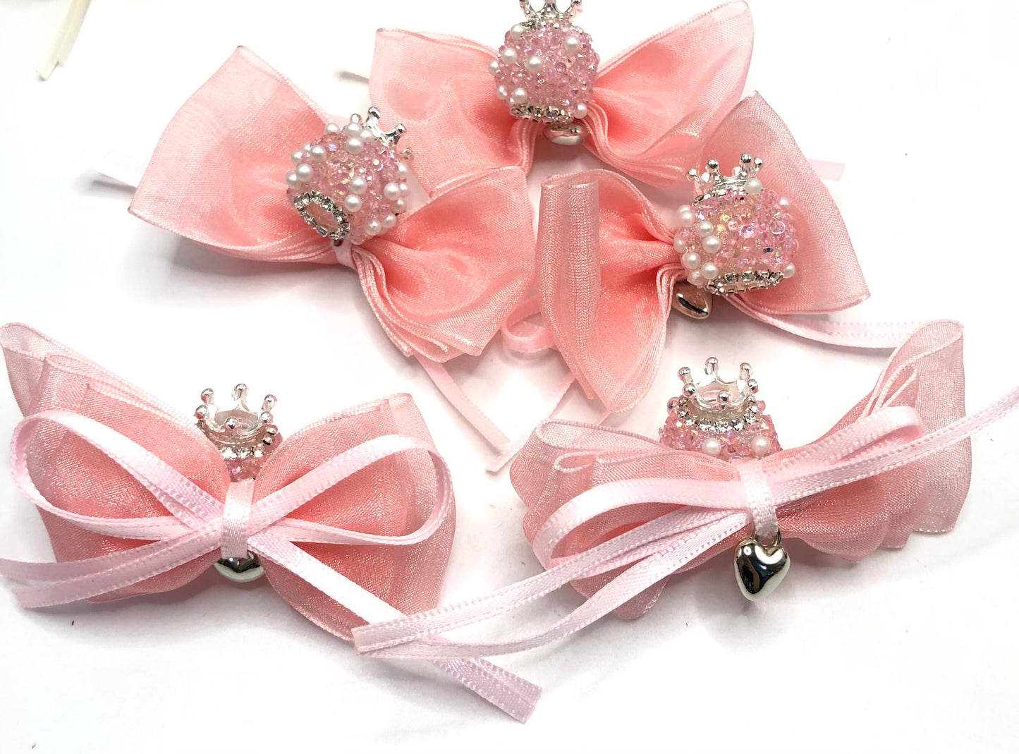 fancy bead craft with crown organza bow satin ribbon knot,ornament with pearl and sugar stone, delicate handcraft ,randon mix color
