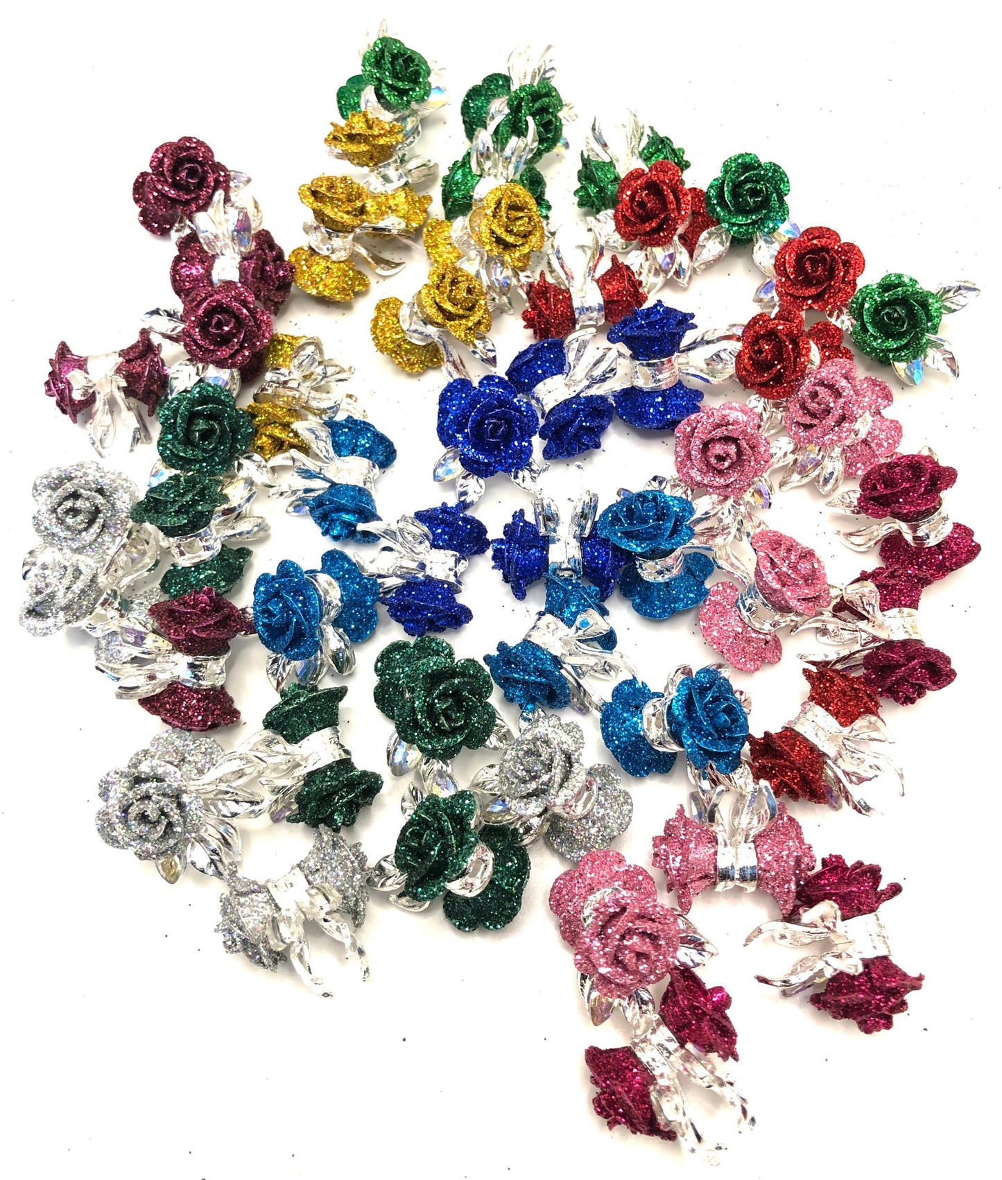 alloy metallic fancy rose flower with the glitter on petal fancy beads ,colored
