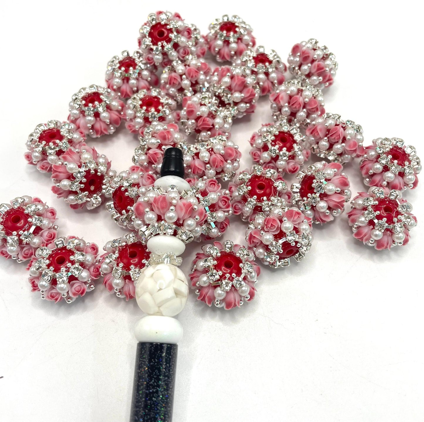 fancy Flower tulip flower acrylic solid bead base ornament with tulip flower Chain rhinestone Pearl 24mm Random Mix