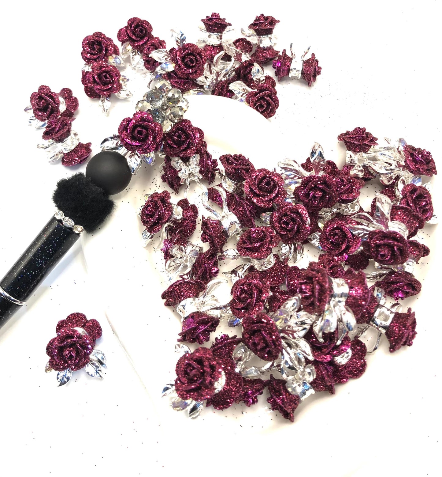 alloy metallic fancy rose flower with the glitter on petal fancy beads ,colored
