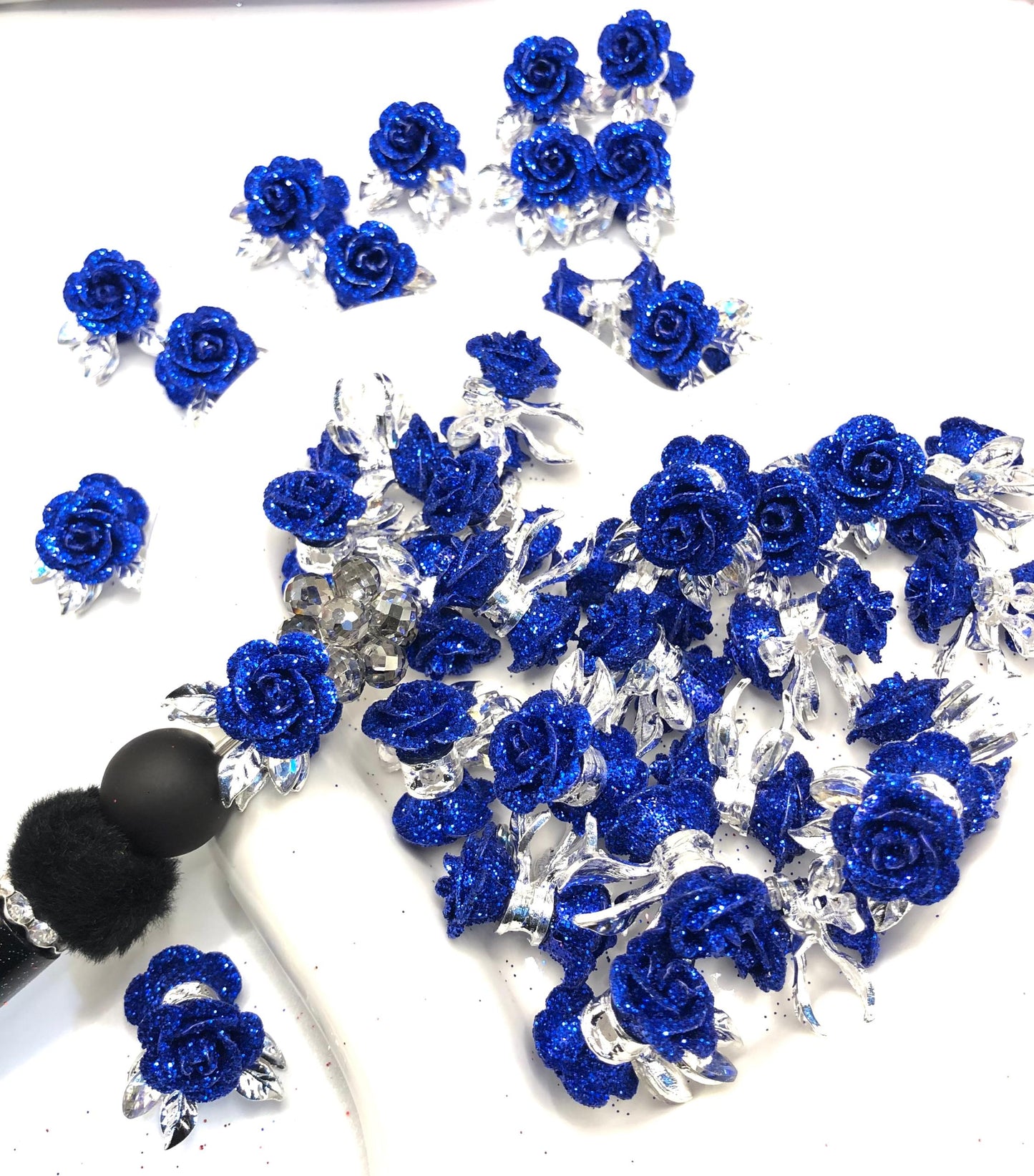 alloy metallic fancy rose flower with the glitter on petal fancy beads ,colored