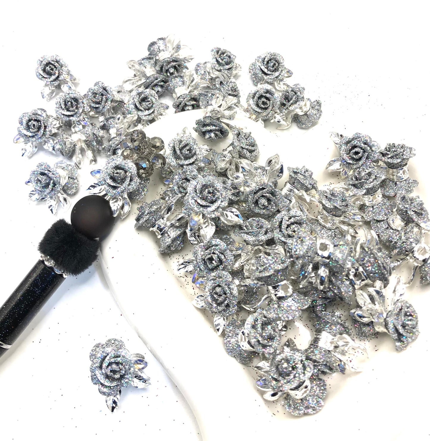 alloy metallic fancy rose flower with the glitter on petal fancy beads ,colored