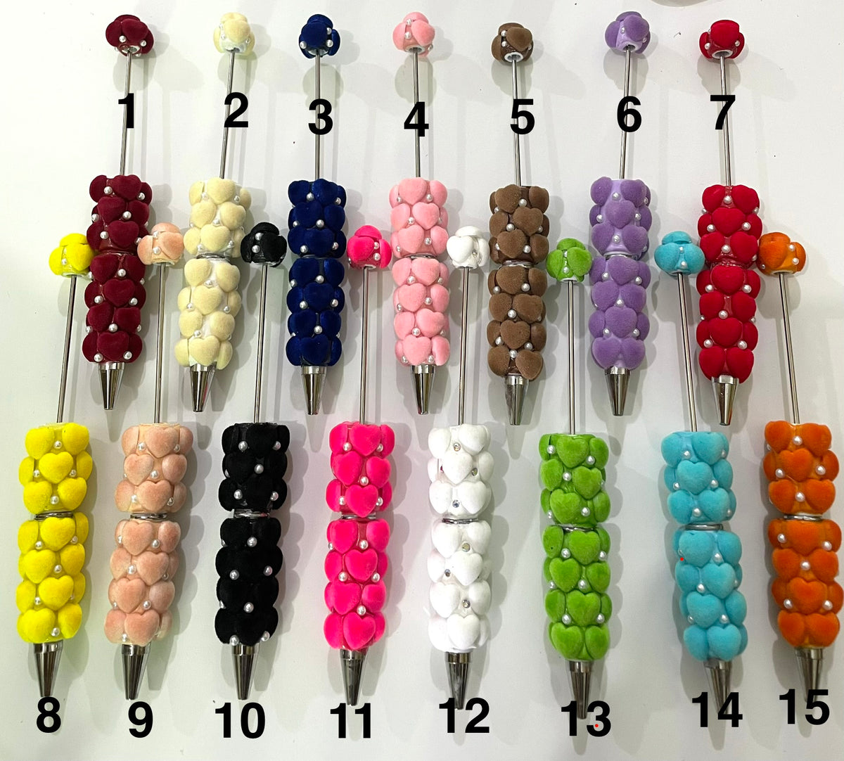 beaded beadable fancy flocked fuzzy heart pens,colored