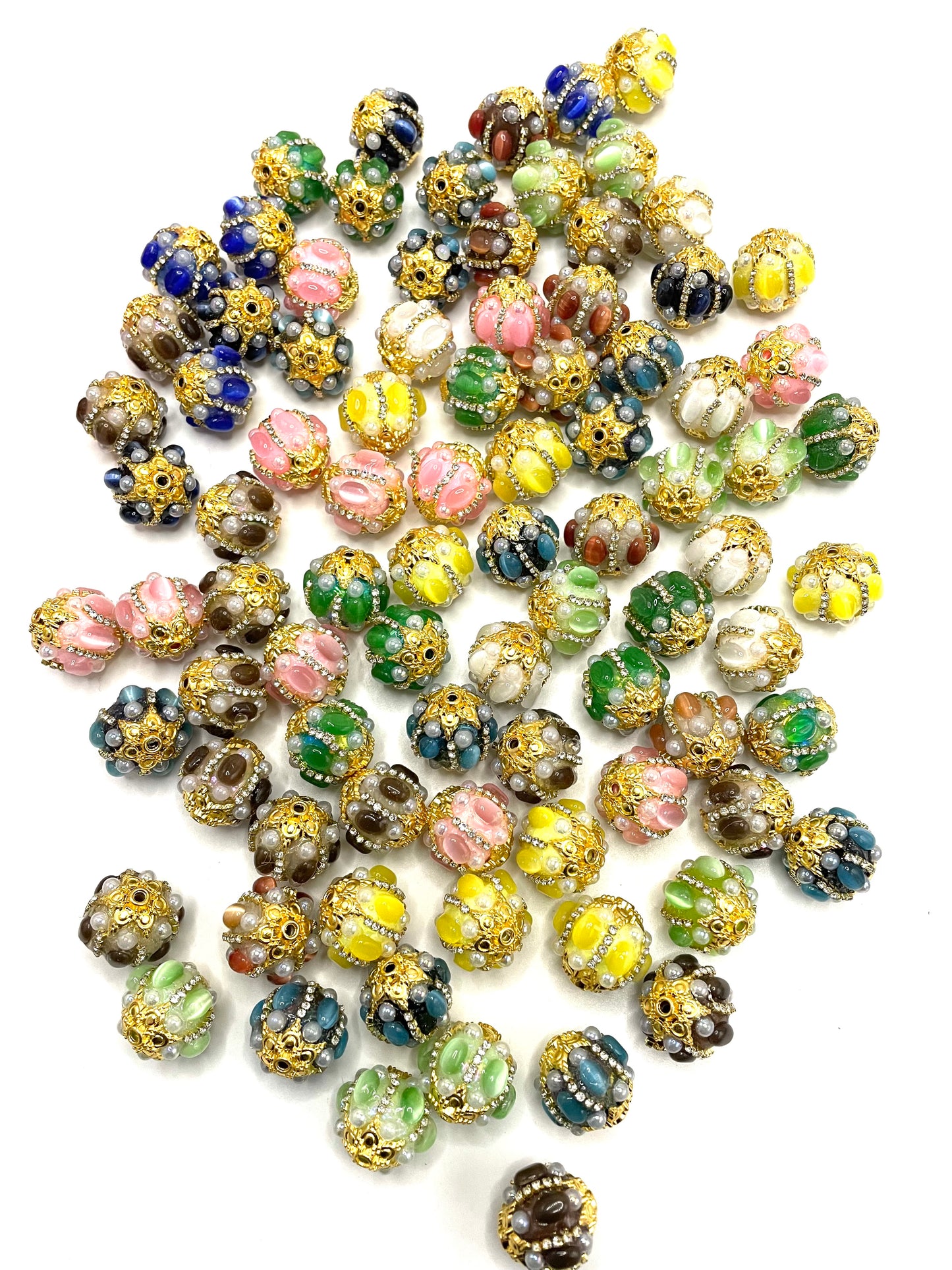 DIY fancy bead with metal metallic gold bead cap and pearl and colored stone ,random mix