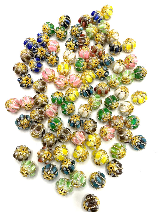 DIY fancy bead with metal metallic gold bead cap and pearl and colored stone bubble  cat eye ,random mix