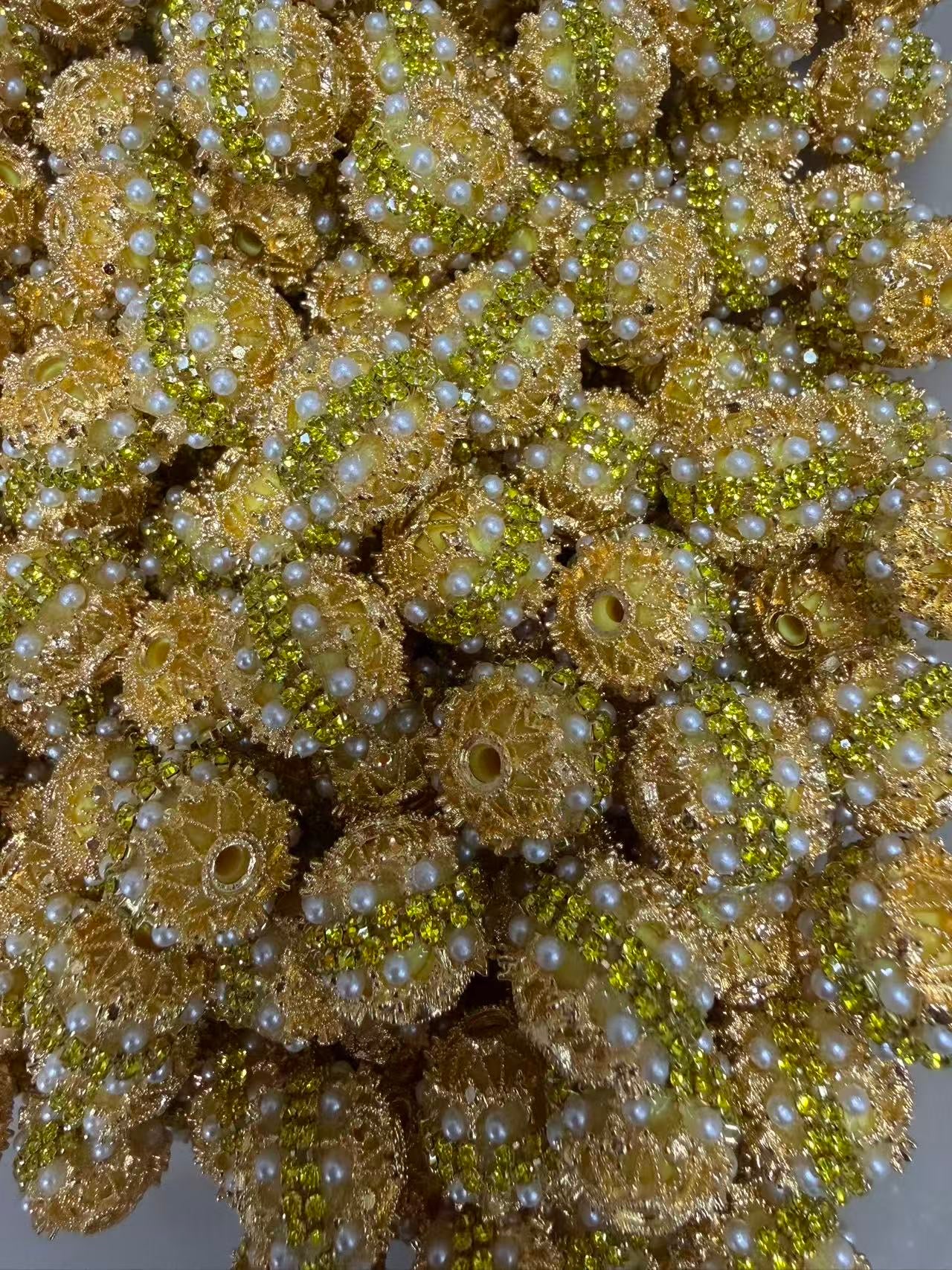 Beaded beadable metallic fancy beads ornaments with pearl and color rhinestones metallic bead cap ,random mix