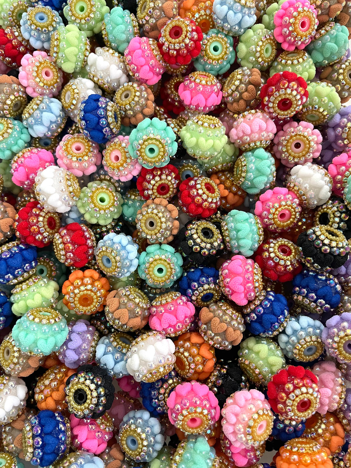 DIY beaded beadable fancy beads ornaments with fuzzy flocked heart shaped  and pearl and golden color  rhinestones,random mix