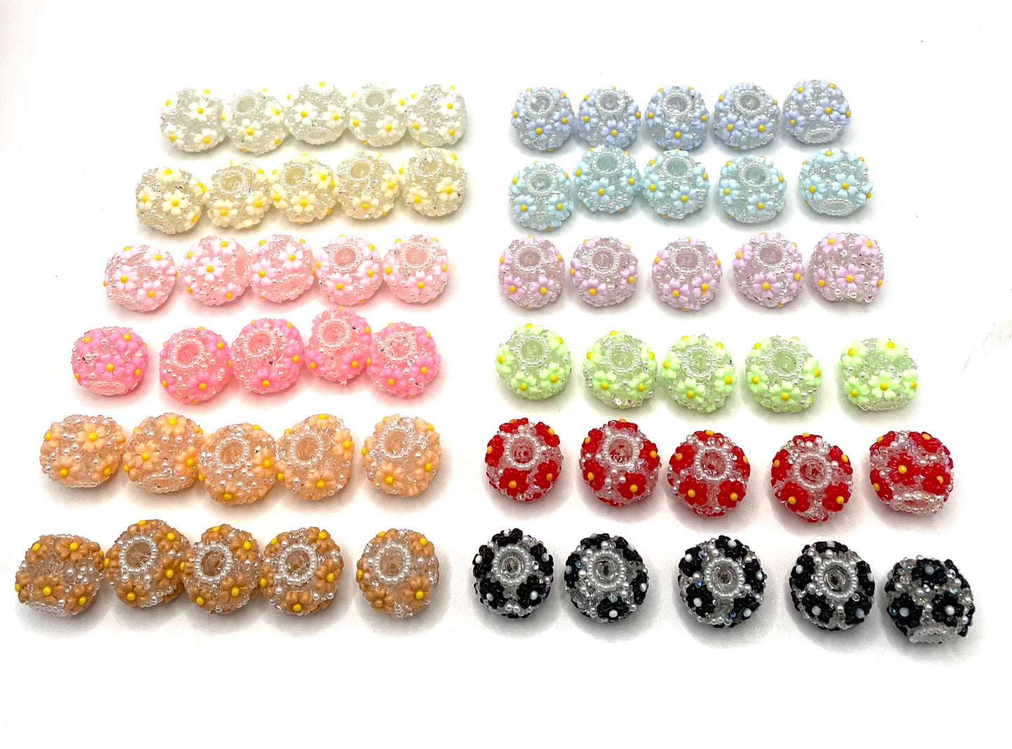 beaded beadable flower bead daisy flower with pearl transparent acrylic base bead ,colored ,random mix