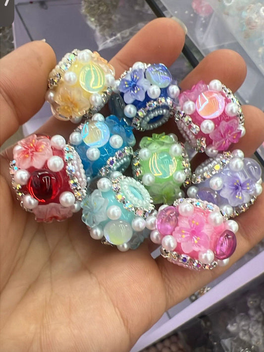 Beaded beadable  hibiscus flower beads ornament with pearl and rhinestone chain ,random mix